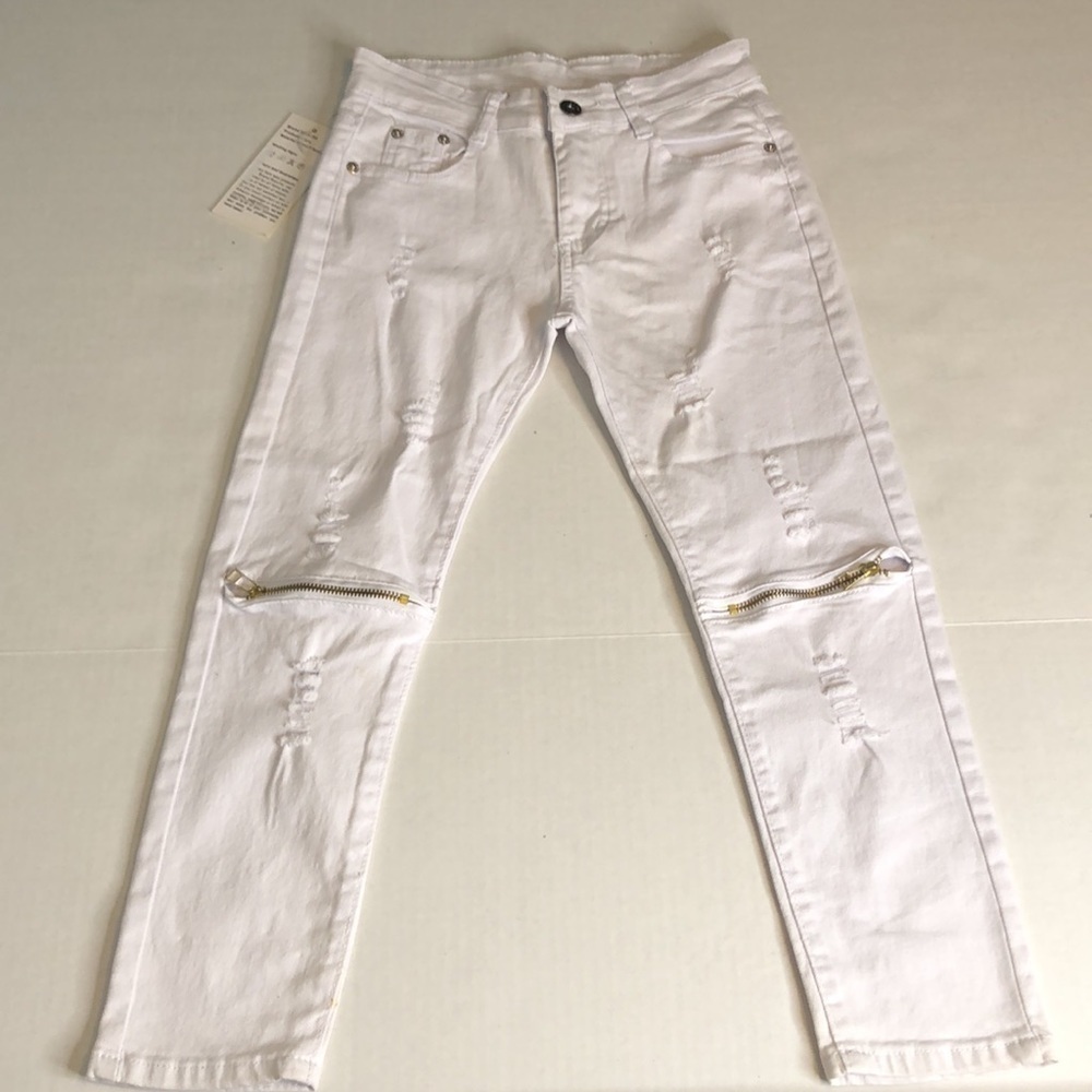 Fredd Marshall Women’s White Cotton Blend 5 Pocket Distressed Zipper Jean Size 7 - Picture 7 of 10